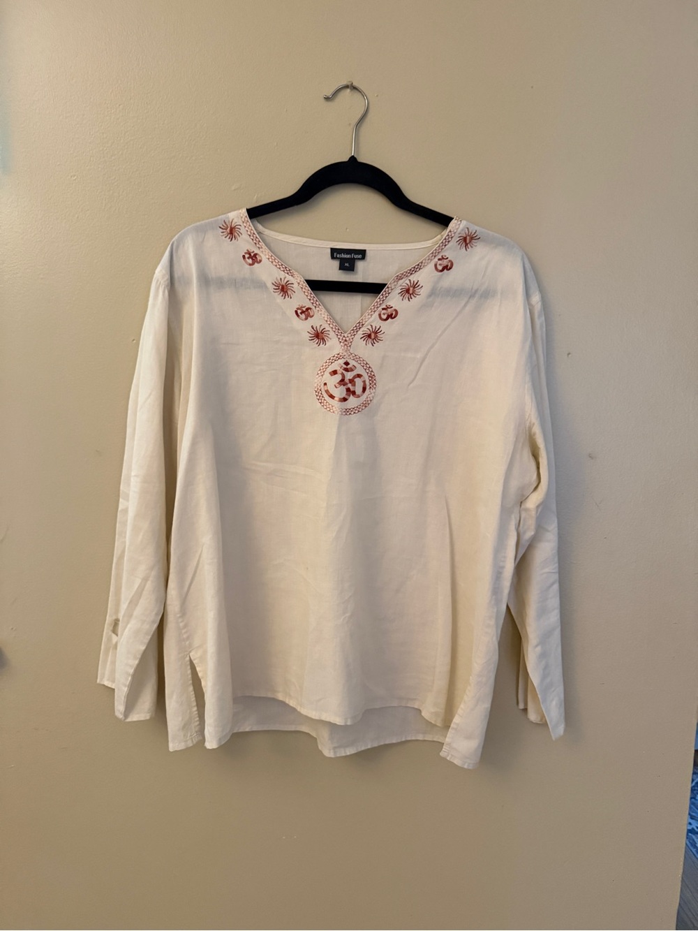 Talbots Cream V-Neck Tunic with Red Embroidery Accents